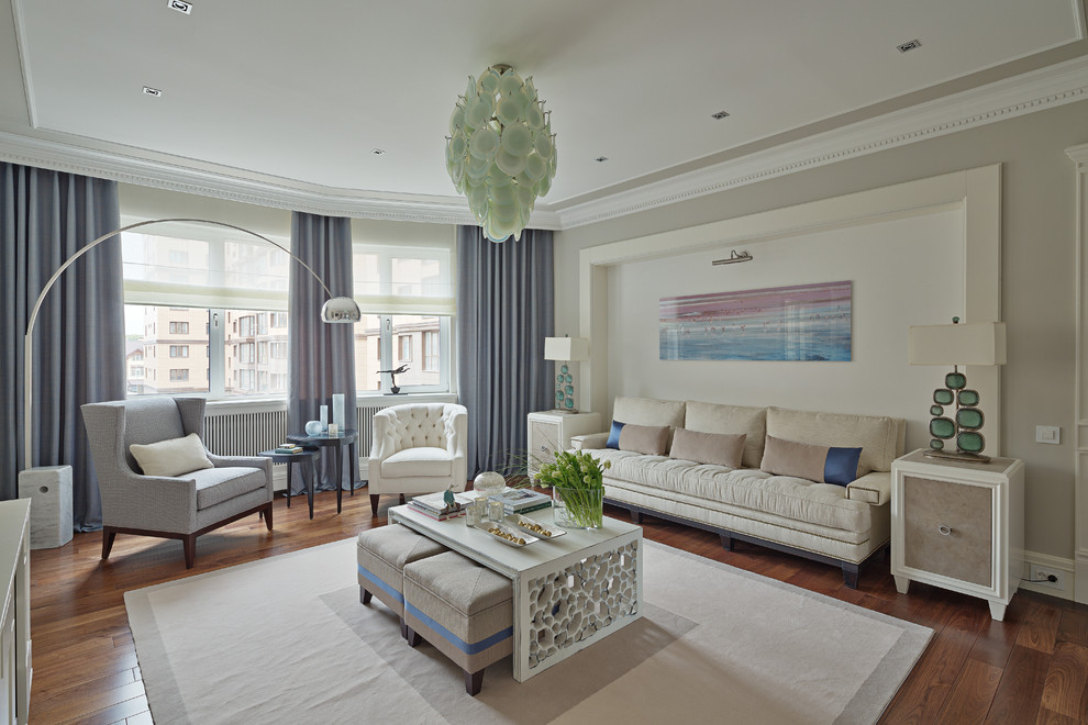 Пример оригинального дизайна: парадная, открытая гостиная комната в современном стиле с серыми стенами и паркетным полом среднего тона