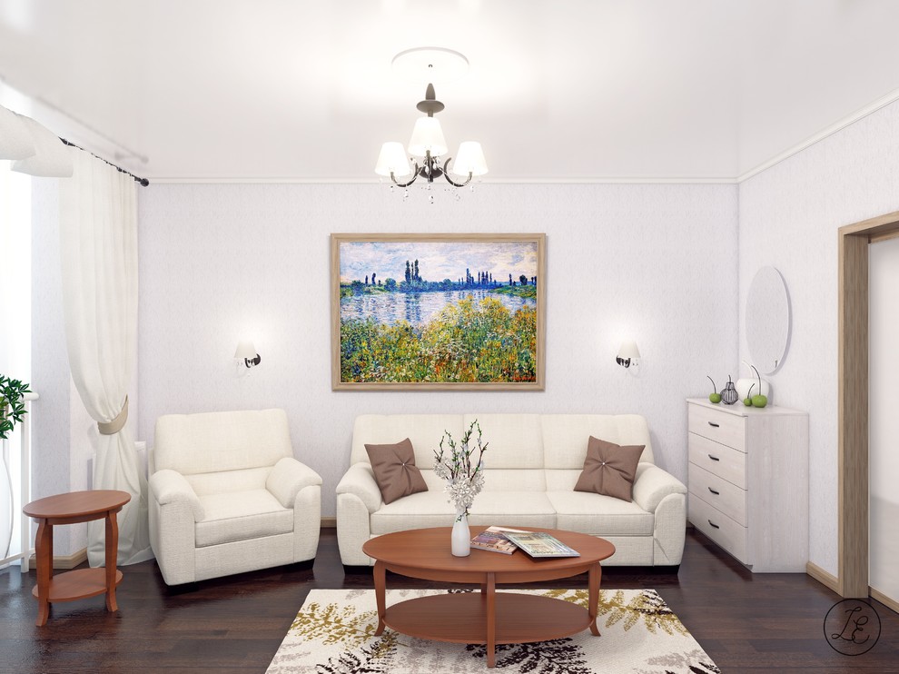 На фото: маленькая изолированная гостиная комната в стиле неоклассика (современная классика) с бежевыми стенами, полом из ламината, отдельно стоящим телевизором и коричневым полом для на участке и в саду