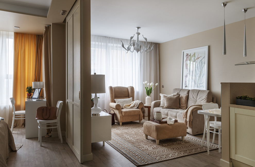 Example of a mid-sized transitional open concept and formal medium tone wood floor and beige floor living room design in Moscow with beige walls, no fireplace and no tv