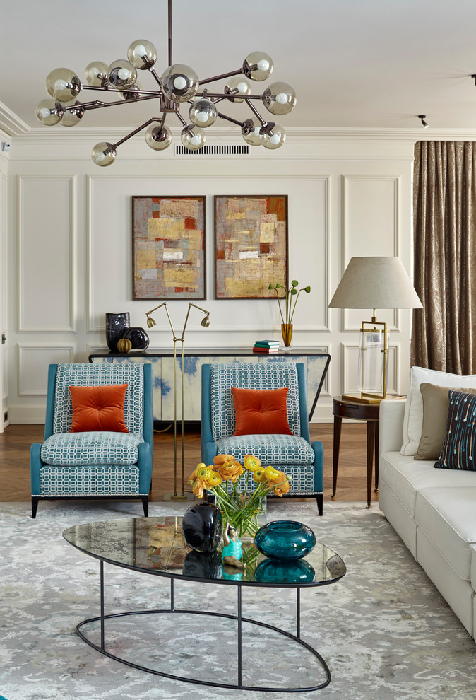 Transitional formal carpeted and gray floor living room photo in Moscow with white walls