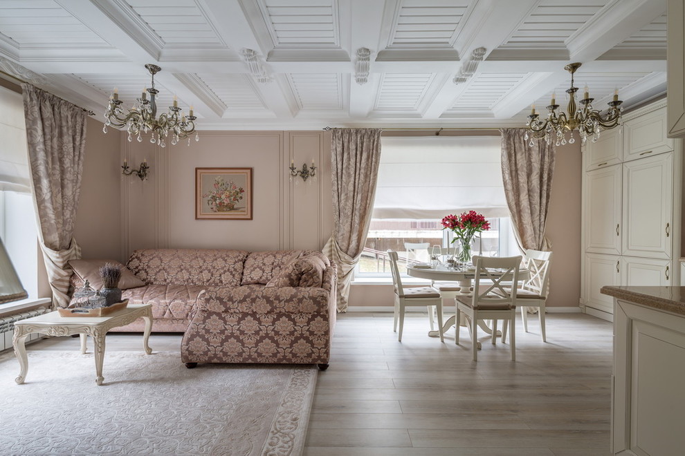 Свежая идея для дизайна: объединенная гостиная комната в стиле неоклассика (современная классика) - отличное фото интерьера