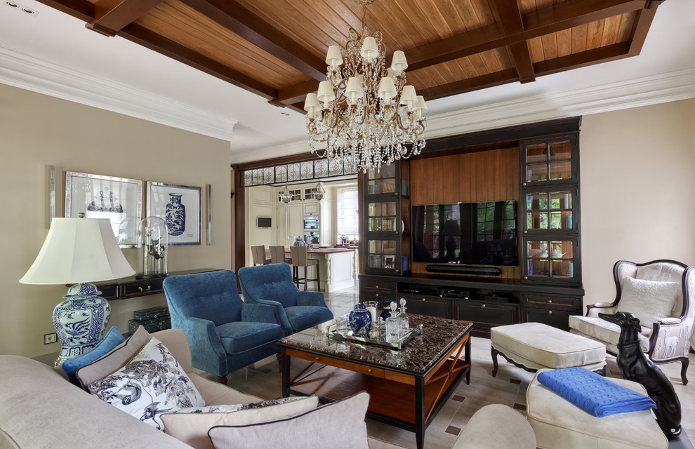 Immagine di un soggiorno classico con sala formale, pareti beige e pavimento beige