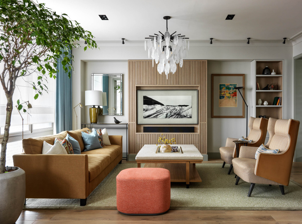 Стильный дизайн: гостиная комната среднего размера в современном стиле с белыми стенами, паркетным полом среднего тона, коричневым полом и синими шторами - последний тренд