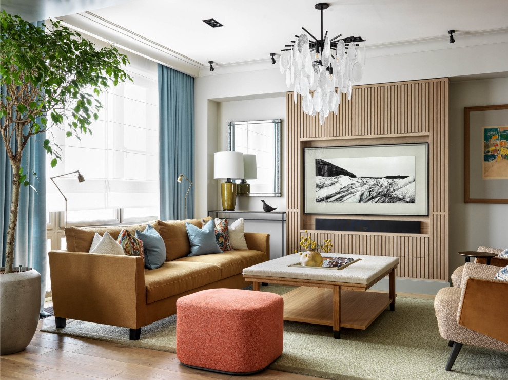 Свежая идея для дизайна: парадная, открытая гостиная комната среднего размера в современном стиле с белыми стенами, паркетным полом среднего тона и скрытым телевизором - отличное фото интерьера