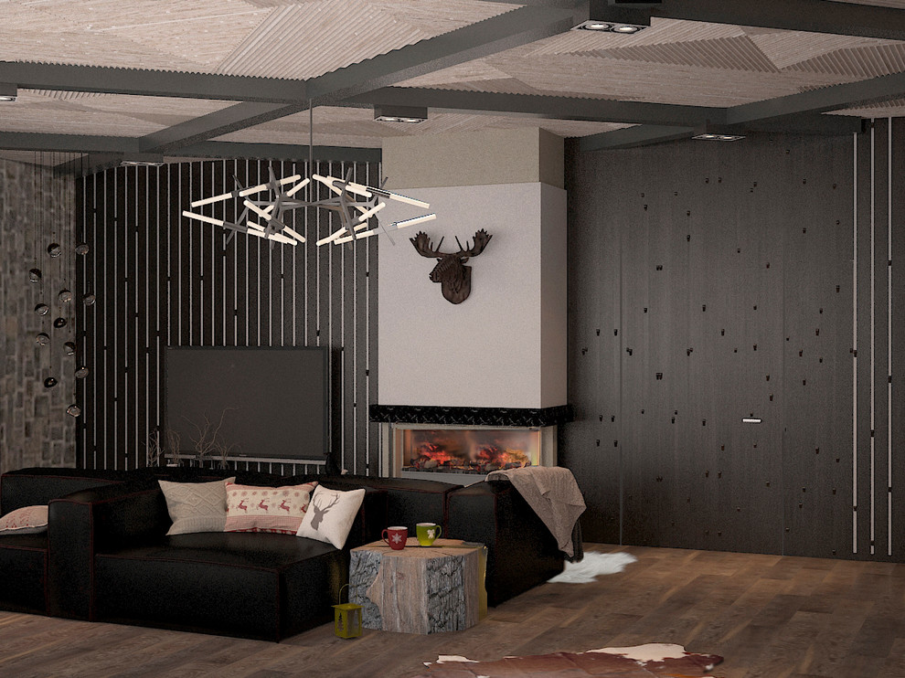 Modern inredning av ett stort separat vardagsrum, med vita väggar, mellanmörkt trägolv, en standard öppen spis, en spiselkrans i gips, en väggmonterad TV och brunt golv