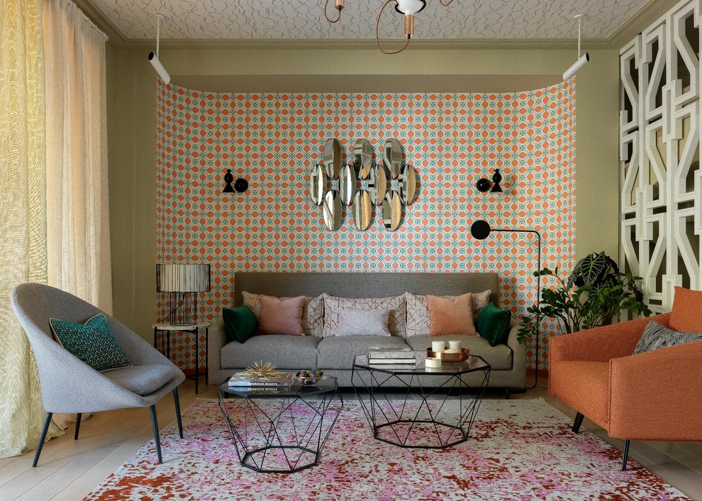 Immagine di un soggiorno minimalista di medie dimensioni e aperto con pavimento in legno massello medio e pavimento beige