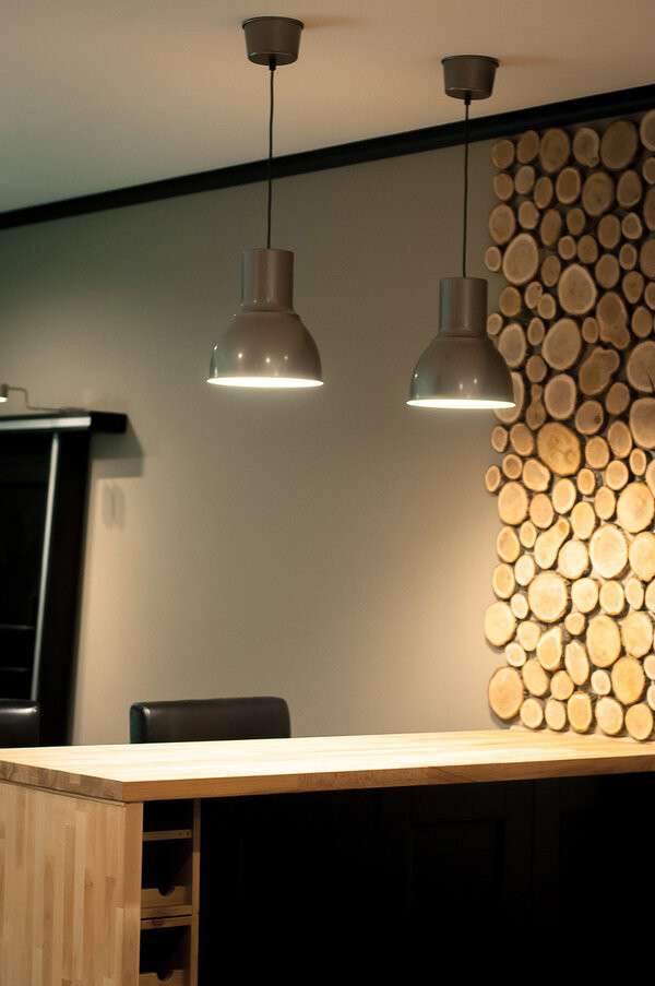 Imagen de salón con barra de bar escandinavo de tamaño medio sin chimenea con suelo de madera oscura, pared multimedia, suelo marrón y paredes grises