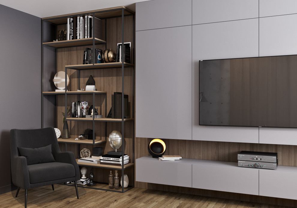 Bild på ett litet funkis separat vardagsrum, med grå väggar, mellanmörkt trägolv, en väggmonterad TV och brunt golv