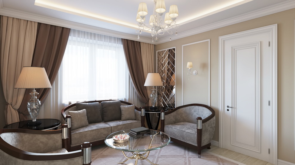 Свежая идея для дизайна: открытая гостиная комната среднего размера в стиле неоклассика (современная классика) - отличное фото интерьера