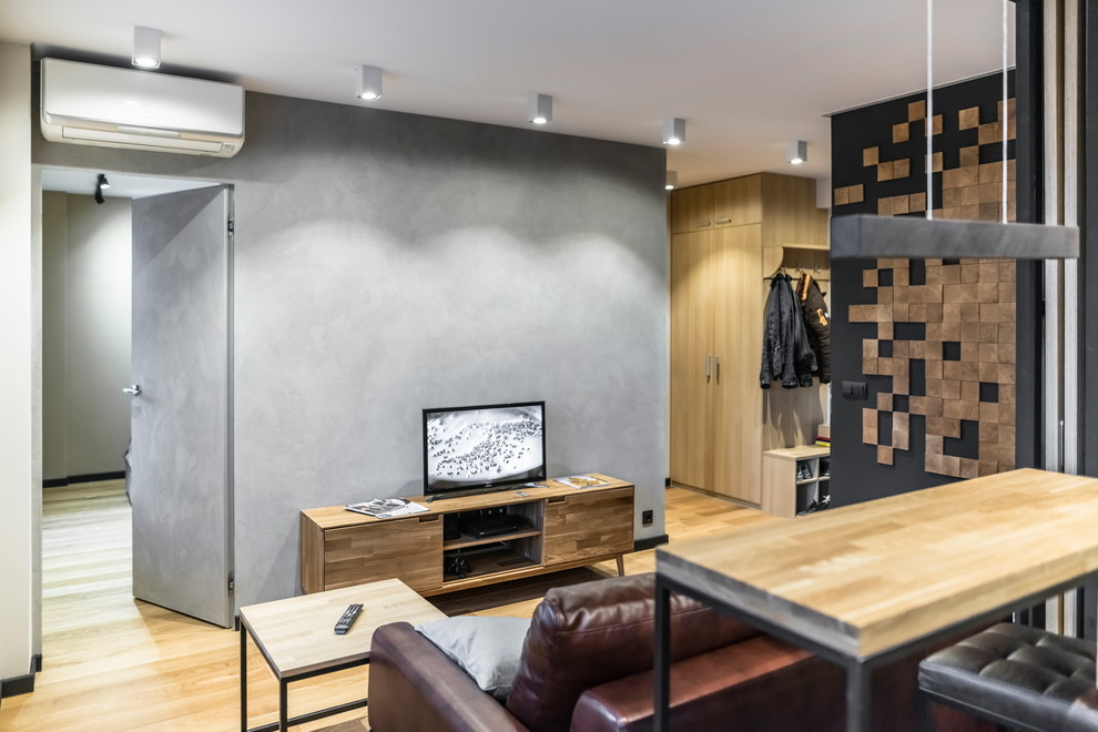 Foto di un soggiorno design aperto con sala formale, pareti grigie e TV autoportante
