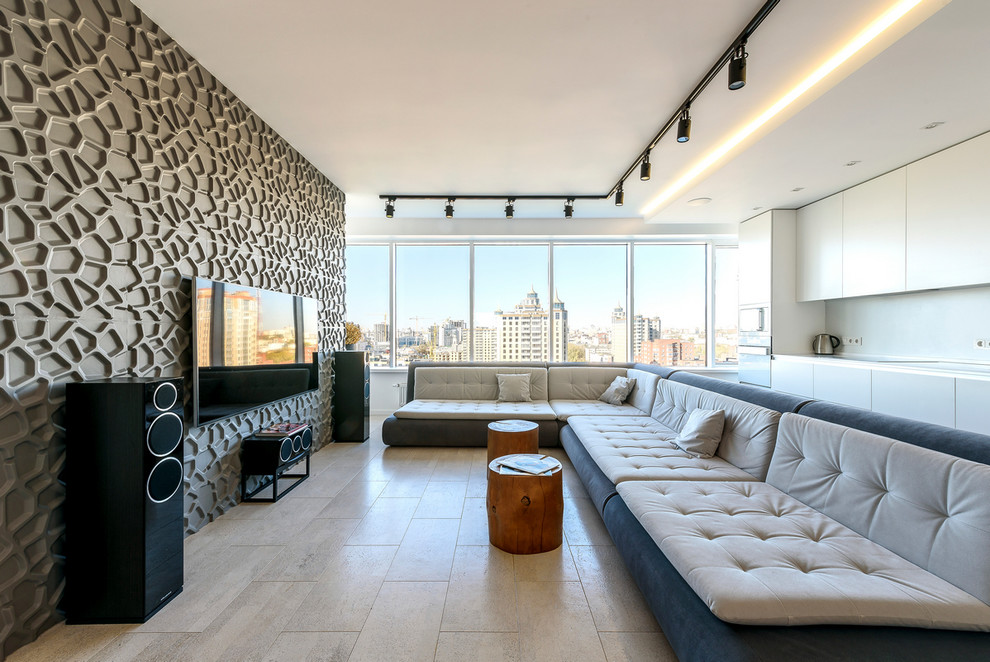 Свежая идея для дизайна: гостиная комната в современном стиле с серым полом - отличное фото интерьера