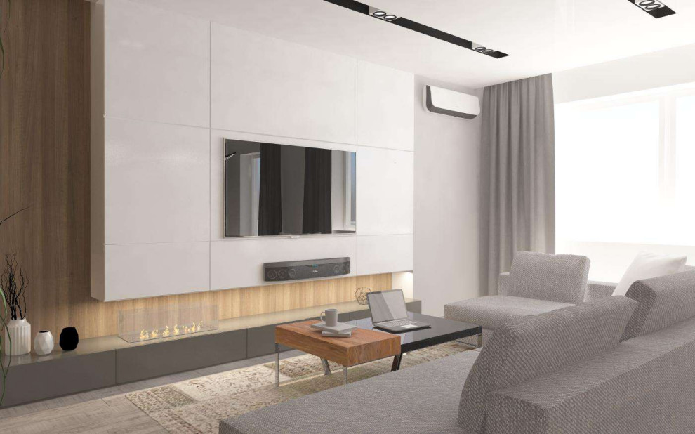 Пример оригинального дизайна: большая парадная, открытая гостиная комната в современном стиле с серыми стенами, полом из ламината, подвесным камином, телевизором на стене, бежевым полом и стенами из вагонки