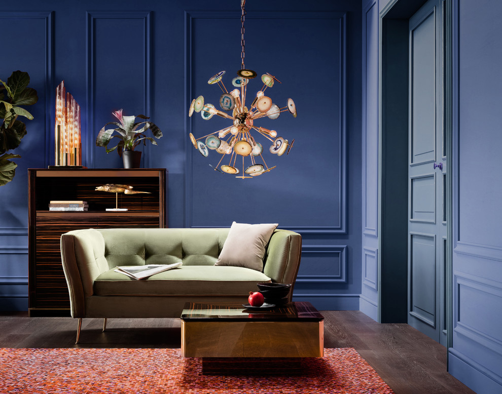 Example of a trendy formal dark wood floor and brown floor living room design in Moscow with blue walls