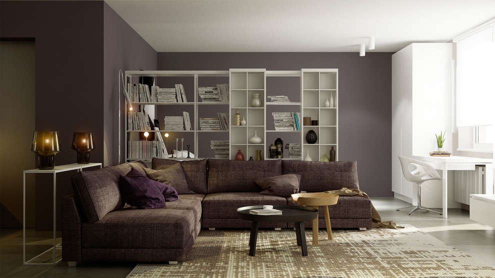 Идея дизайна: маленькая открытая гостиная комната в современном стиле с с книжными шкафами и полками, фиолетовыми стенами и полом из керамогранита для на участке и в саду