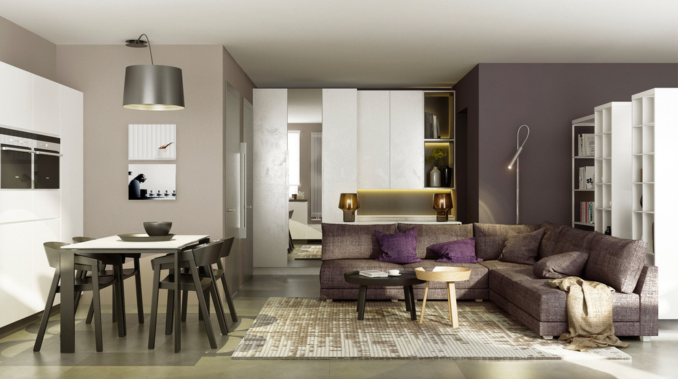 Inspiration for a small contemporary open plan living room in Saint Petersburg with a reading nook, purple walls and porcelain flooring.