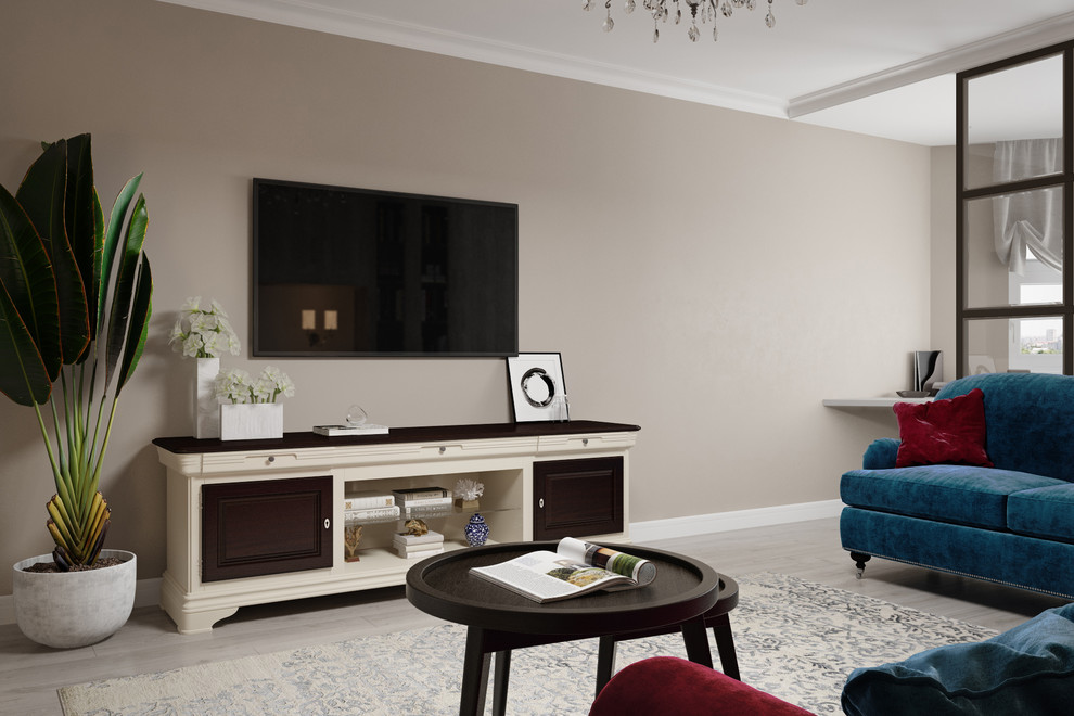 Свежая идея для дизайна: парадная, изолированная гостиная комната среднего размера в стиле неоклассика (современная классика) с бежевыми стенами, светлым паркетным полом, телевизором на стене и серым полом без камина - отличное фото интерьера