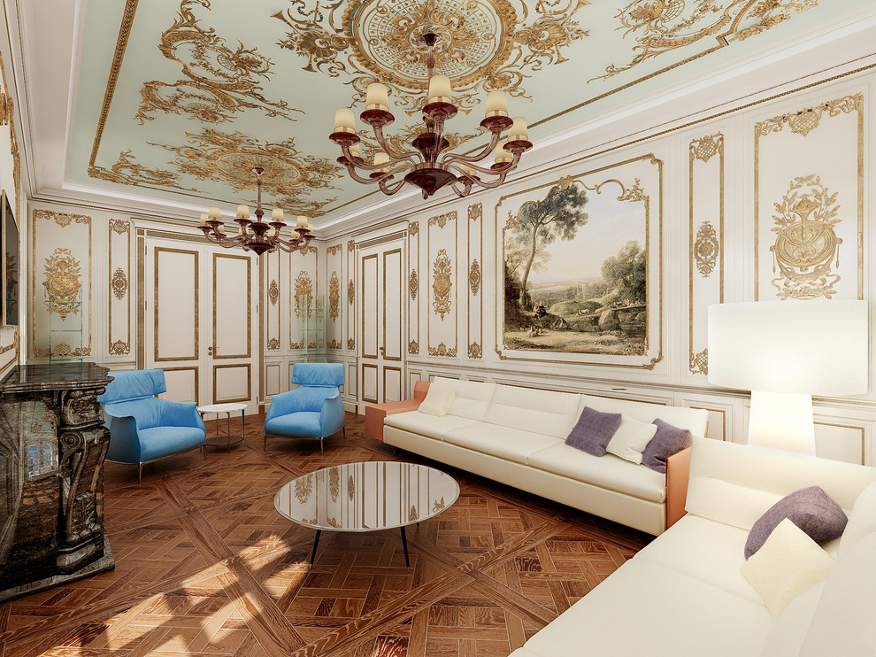Пример оригинального дизайна: большая изолированная гостиная комната в классическом стиле с белыми стенами, паркетным полом среднего тона, стандартным камином, телевизором на стене и фасадом камина из камня