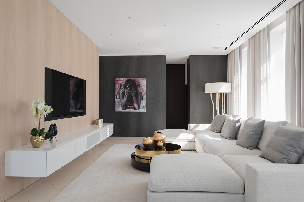 Esempio di un soggiorno minimal con sala formale, parete attrezzata e pavimento beige