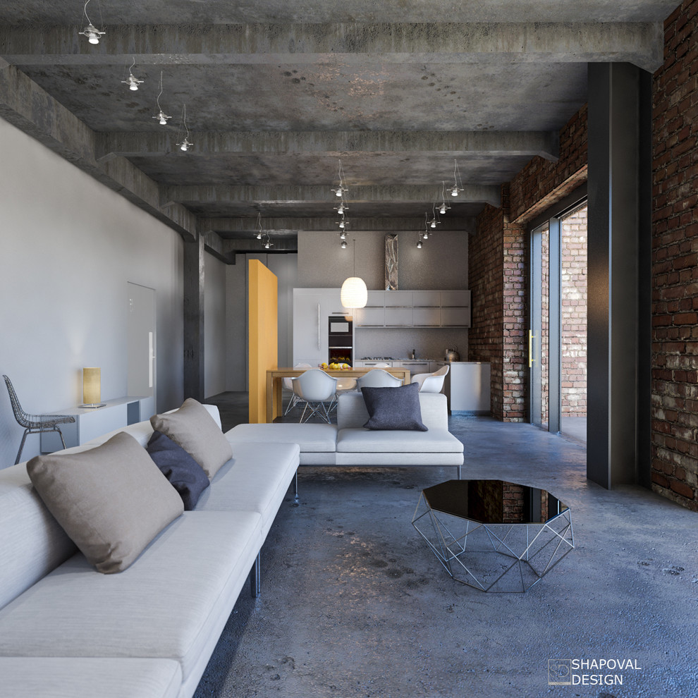 Industrial mezzanine living room in Other with concrete flooring.