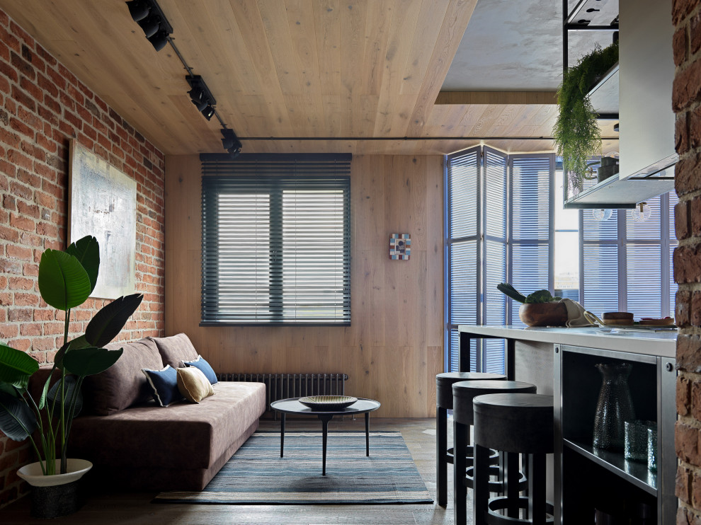 Свежая идея для дизайна: маленькая открытая гостиная комната в стиле лофт с домашним баром, красными стенами, многоуровневым потолком и кирпичными стенами без камина, телевизора для на участке и в саду - отличное фото интерьера