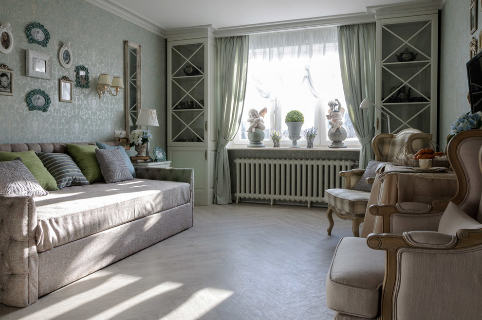 Пример оригинального дизайна: гостиная комната в стиле шебби-шик