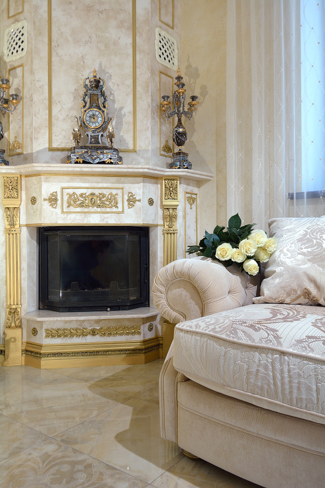 Large traditional formal enclosed living room in Other with beige walls, porcelain flooring, a corner fireplace, a plastered fireplace surround, a wall mounted tv and beige floors.