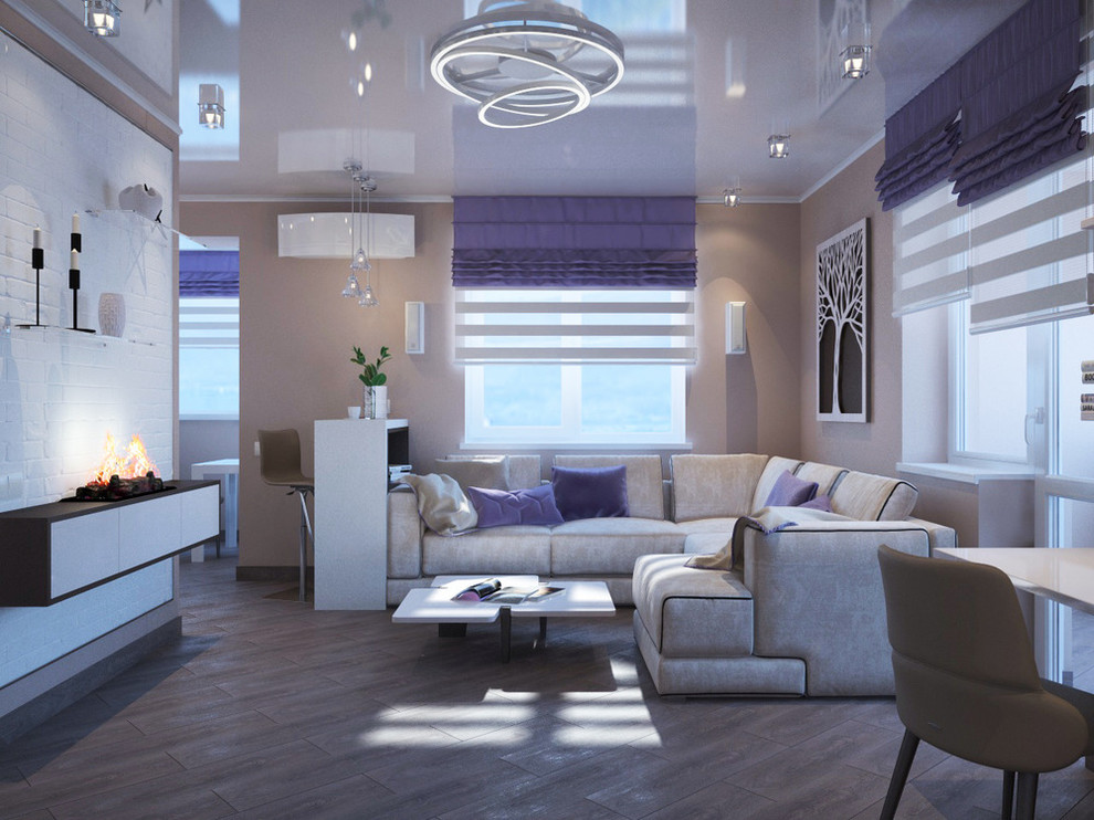 Стильный дизайн: парадная, открытая гостиная комната среднего размера в современном стиле с бежевыми стенами и полом из линолеума без камина, телевизора - последний тренд