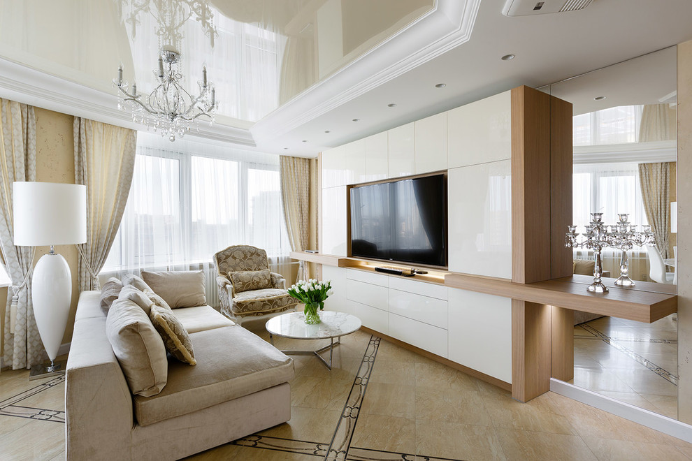 Repräsentatives, Offenes, Großes Modernes Wohnzimmer mit weißer Wandfarbe, Multimediawand, Keramikboden und buntem Boden in Sankt Petersburg