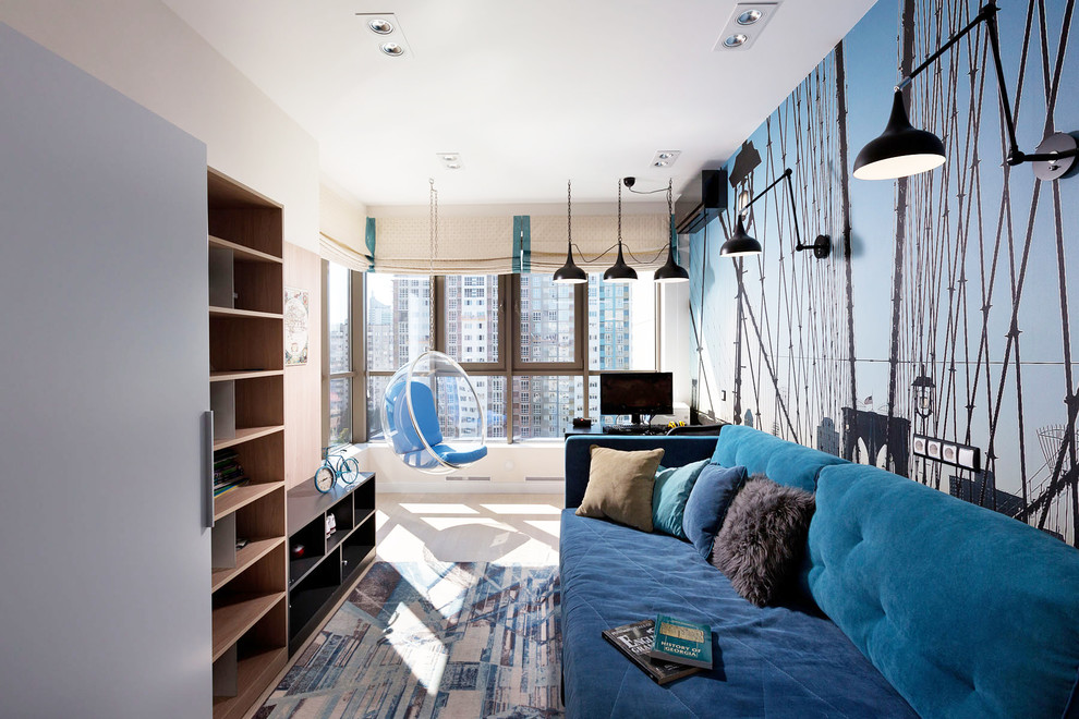Ispirazione per un soggiorno minimal con pareti blu e moquette