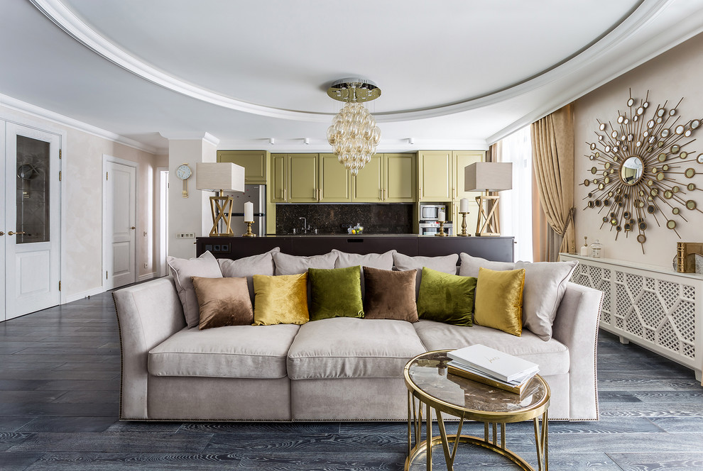 Esempio di un grande soggiorno chic aperto con pareti beige, parquet scuro, pavimento nero e sala formale