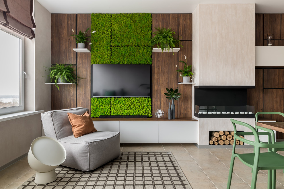 Exempel på ett litet modernt allrum med öppen planlösning, med en hemmabar, beige väggar, klinkergolv i porslin, en öppen hörnspis, en spiselkrans i gips, en väggmonterad TV och beiget golv