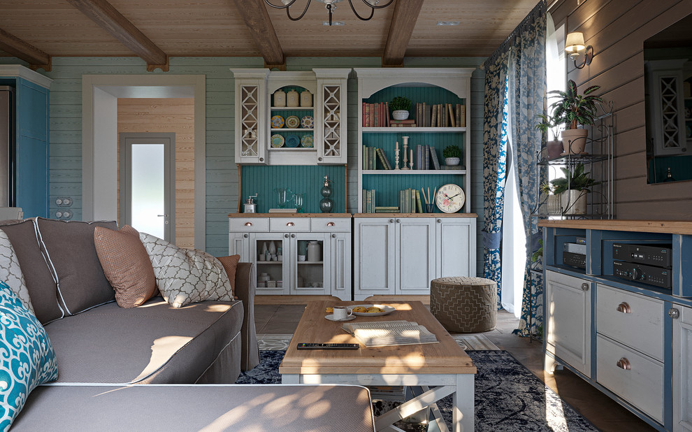 Идея дизайна: открытая, объединенная гостиная комната среднего размера в стиле кантри с синими стенами, телевизором на стене и коричневым полом