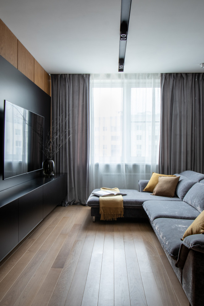 Свежая идея для дизайна: объединенная гостиная комната в современном стиле - отличное фото интерьера