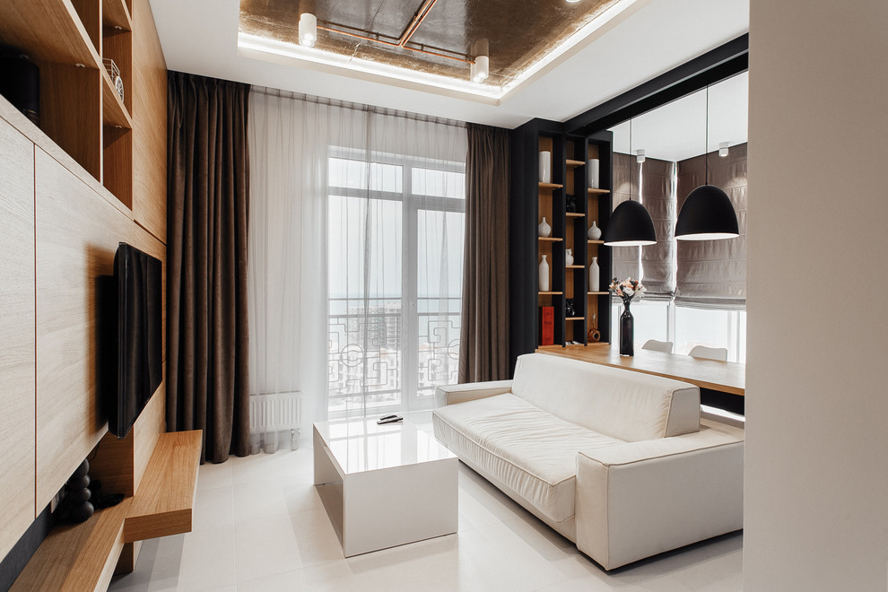 Idee per un piccolo soggiorno eclettico stile loft con pareti nere, pavimento con piastrelle in ceramica e TV a parete
