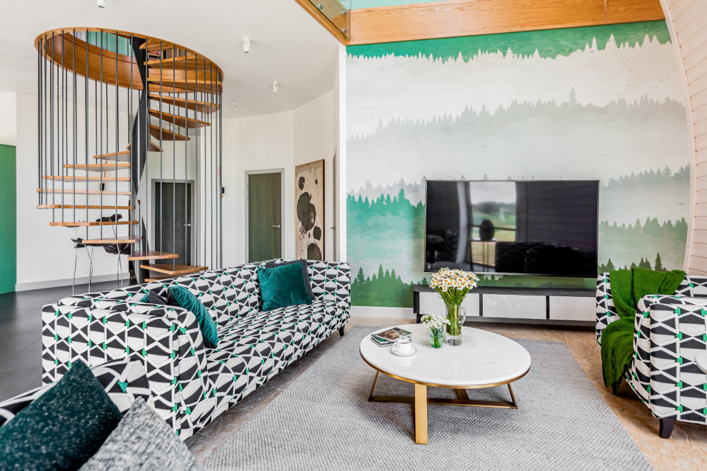 Living room - contemporary beige floor living room idea in Moscow with multicolored walls and a wall-mounted tv