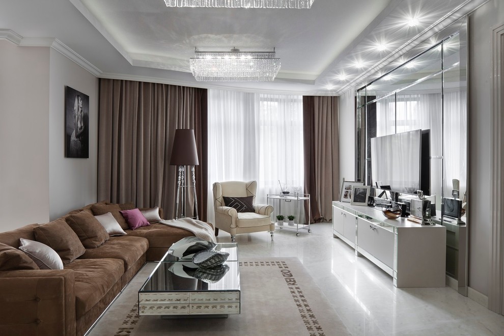 Photo of a contemporary formal living room in Moscow with a wall mounted tv and white floors.