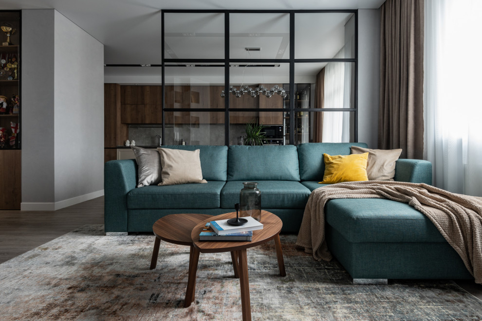 Mittelgroßes, Offenes Modernes Wohnzimmer mit grauer Wandfarbe, braunem Holzboden und grauem Boden in Sonstige