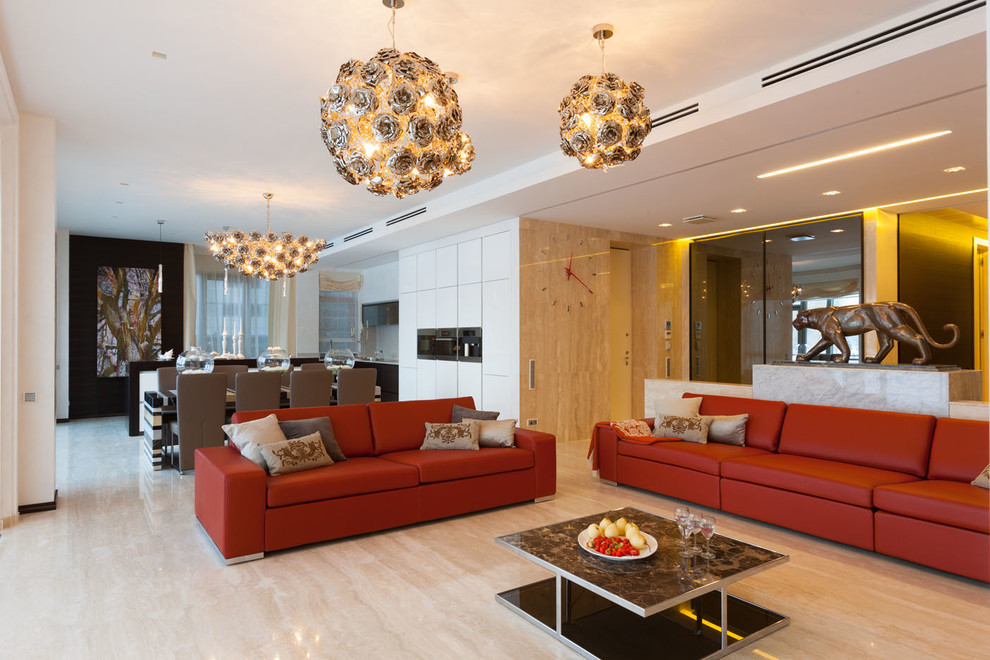 Стильный дизайн: парадная, открытая, объединенная гостиная комната в современном стиле - последний тренд