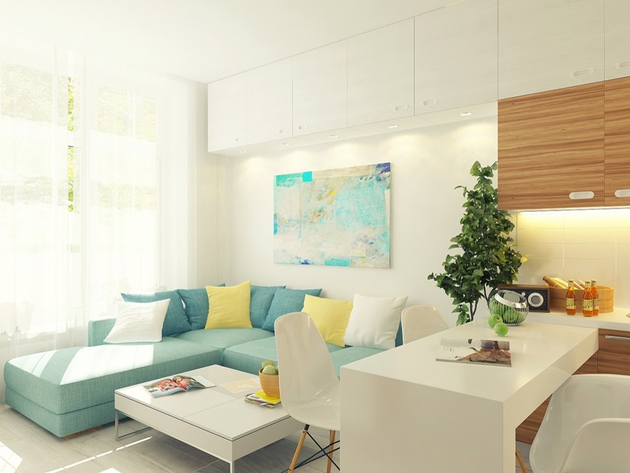 На фото: маленькая открытая гостиная комната в современном стиле с белыми стенами и светлым паркетным полом для на участке и в саду