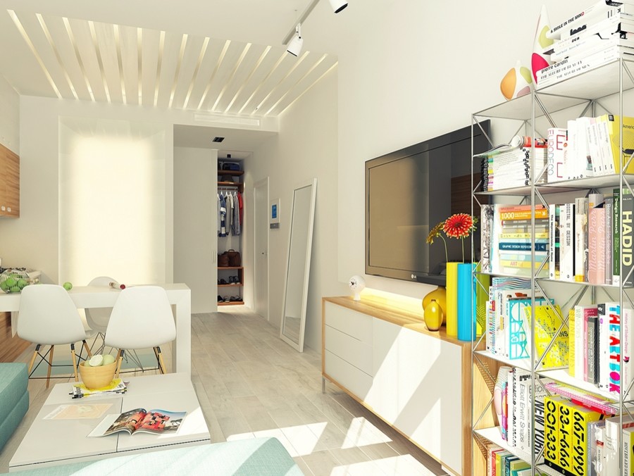 На фото: маленькая открытая гостиная комната в современном стиле с белыми стенами и светлым паркетным полом для на участке и в саду с