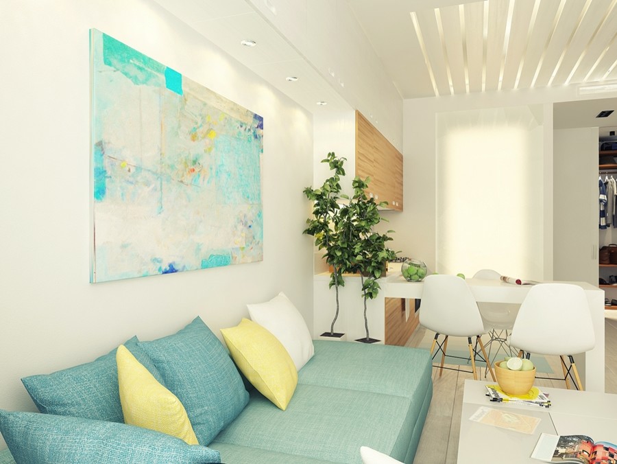 Источник вдохновения для домашнего уюта: маленькая открытая гостиная комната в современном стиле с белыми стенами, светлым паркетным полом и тюлем на окнах для на участке и в саду