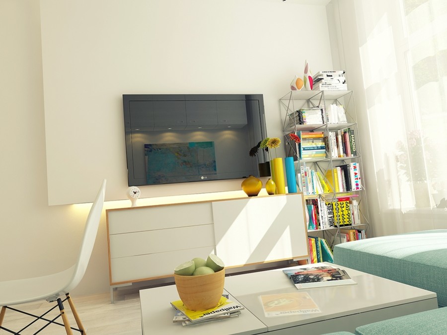 Источник вдохновения для домашнего уюта: маленькая открытая гостиная комната в современном стиле с белыми стенами, светлым паркетным полом и телевизором на стене для на участке и в саду