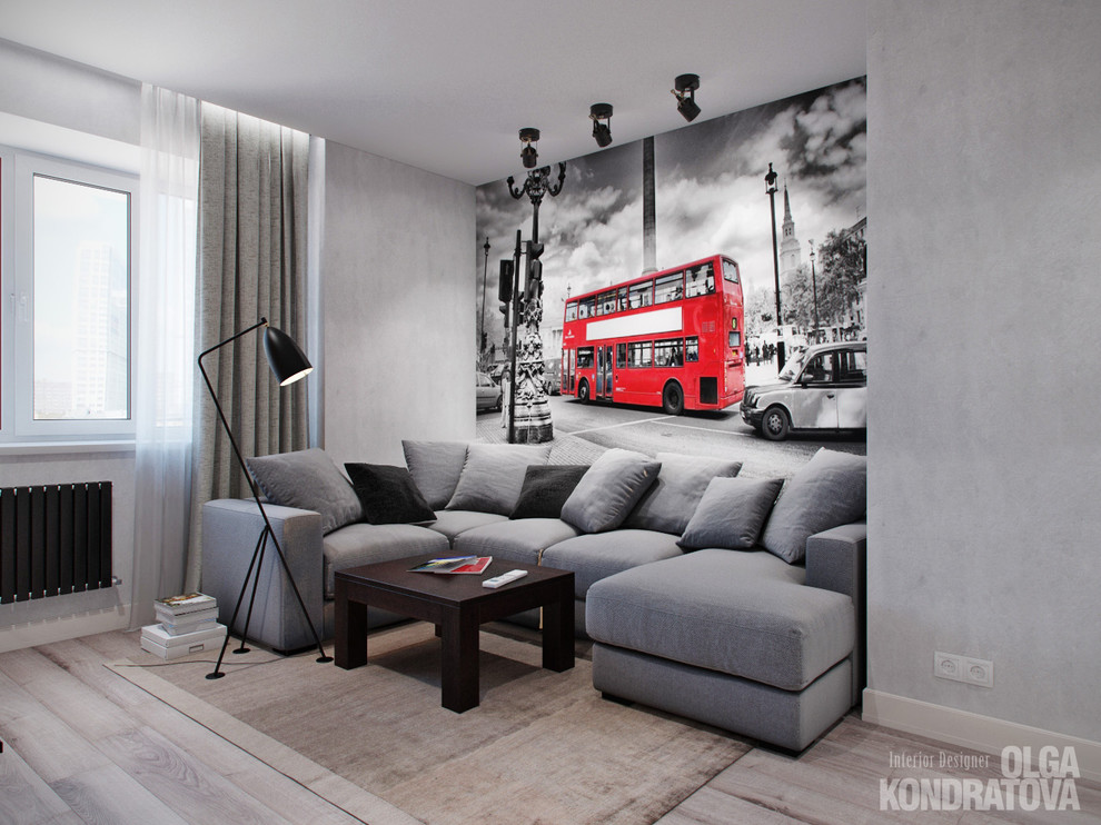 Inspiration för ett funkis vardagsrum, med en väggmonterad TV