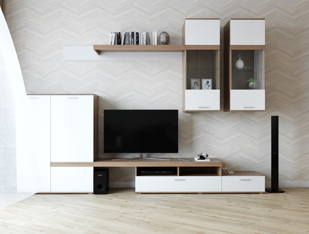 Bild på ett mellanstort funkis vardagsrum, med beige väggar, laminatgolv, en fristående TV och beiget golv