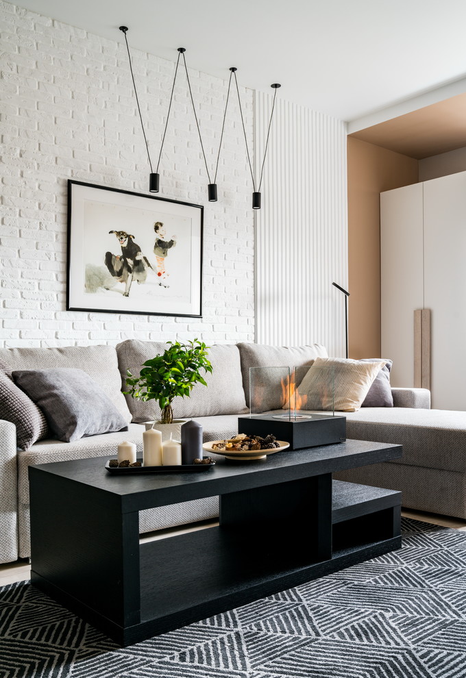 Photo of a small scandi open plan living room in Saint Petersburg with white walls.
