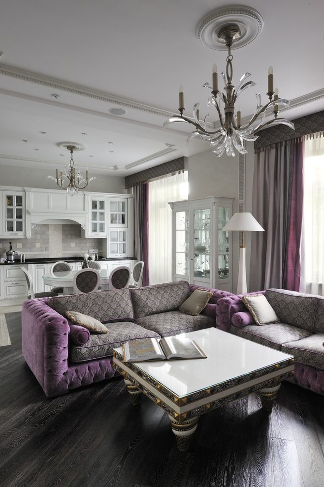 Esempio di un grande soggiorno chic aperto con sala formale, pareti grigie, parquet scuro e parete attrezzata