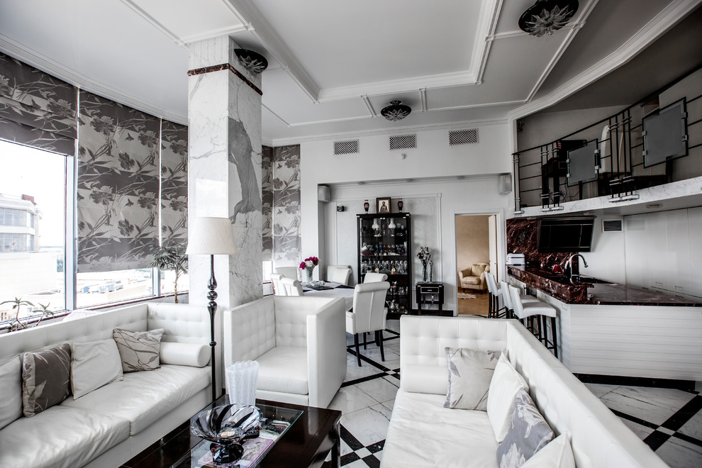 Пример оригинального дизайна: гостиная комната в современном стиле с белыми стенами