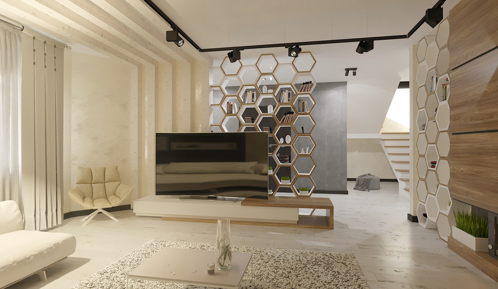 Свежая идея для дизайна: гостиная комната в стиле фьюжн - отличное фото интерьера