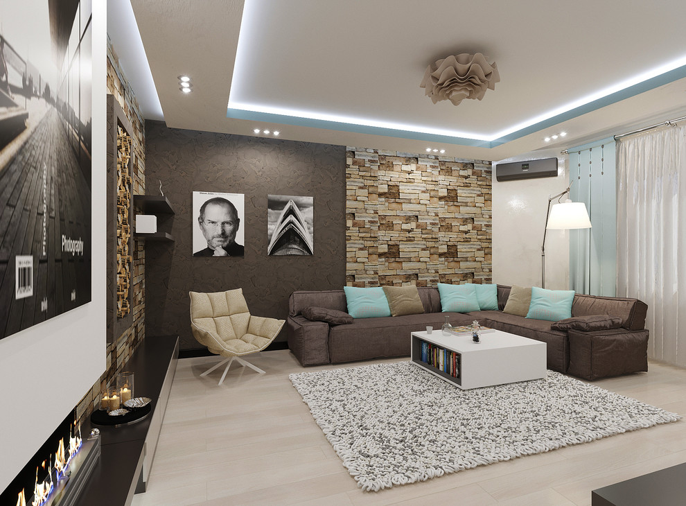 Идея дизайна: гостиная комната в стиле фьюжн