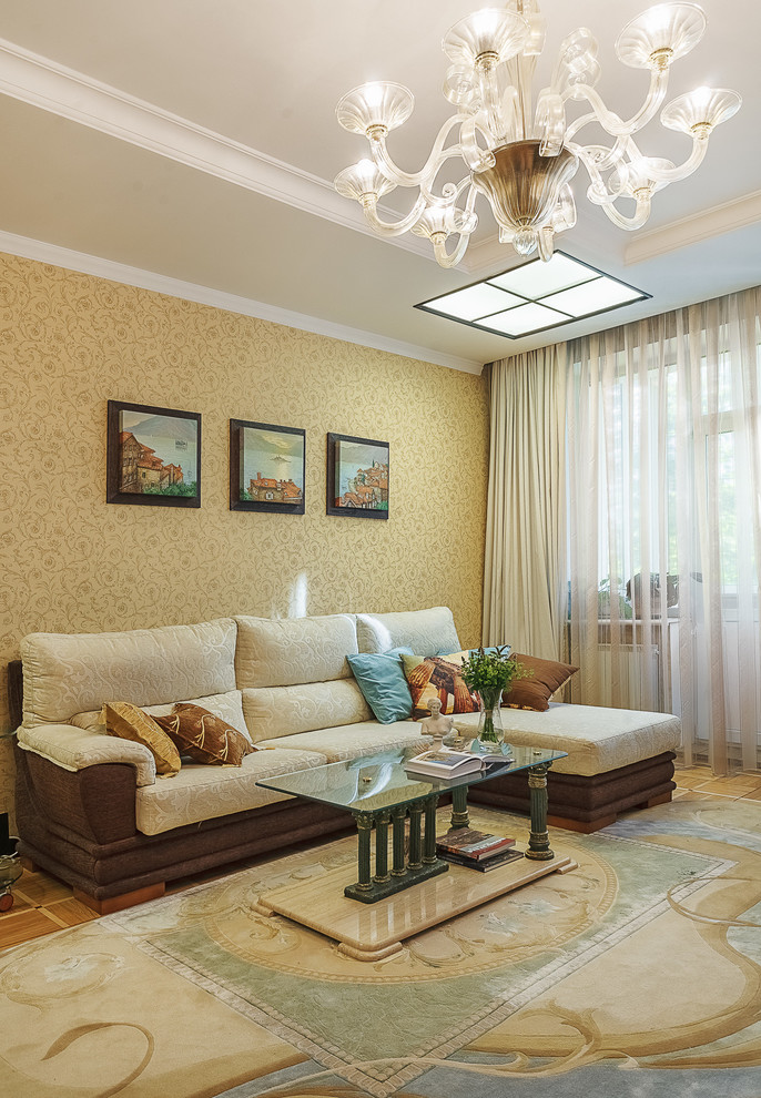 Photo of a medium sized traditional open plan living room in Moscow with beige walls and no tv.